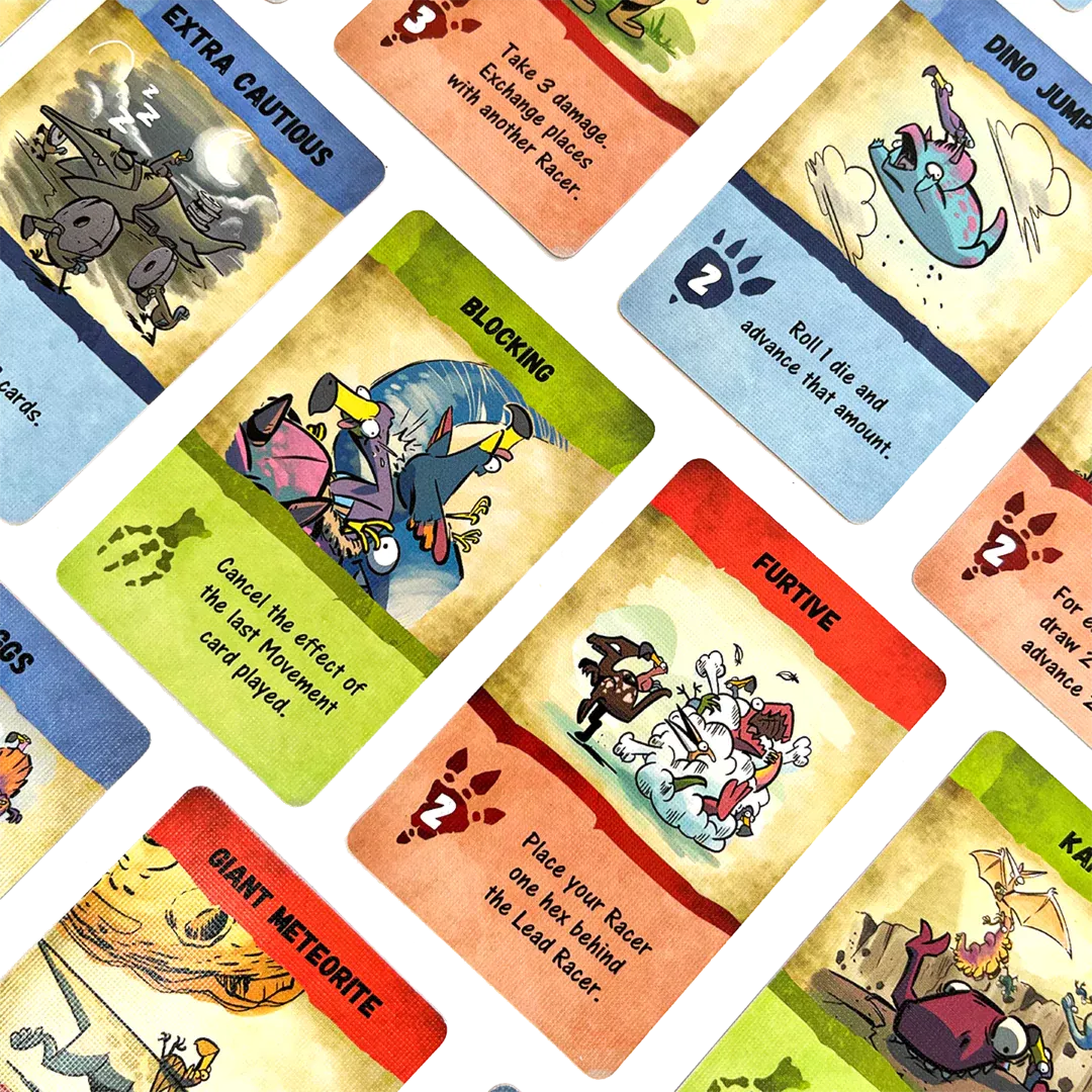 Collection of colorful game cards with various illustrations and text
