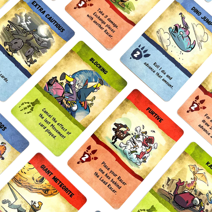 Collection of colorful game cards with various illustrations and text