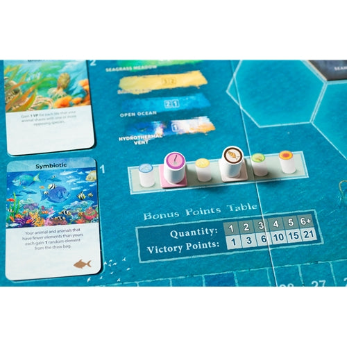 Dominant Species Marine Board game setup with cards and markers on a blue game board