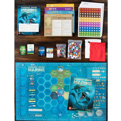 Dominant Species Marine Collection of board game components including cards, dice, and a map on a wooden surface.