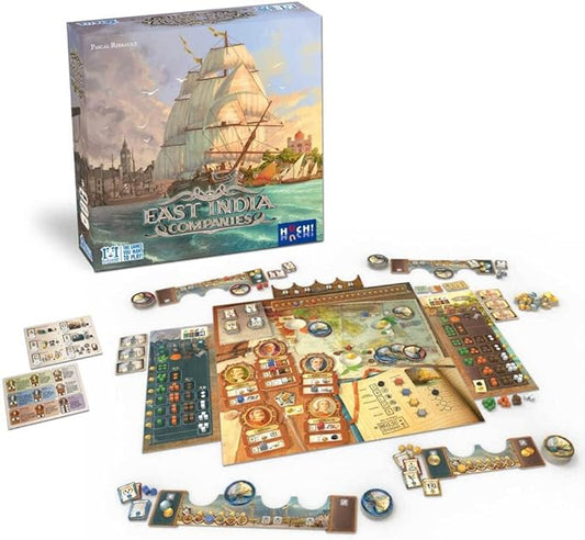 Board game set with 'East India Companies' box on a white background