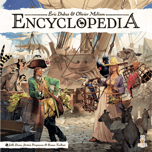 Board game cover of 'Encyclopedia' featuring illustrated characters with animals in a market setting.