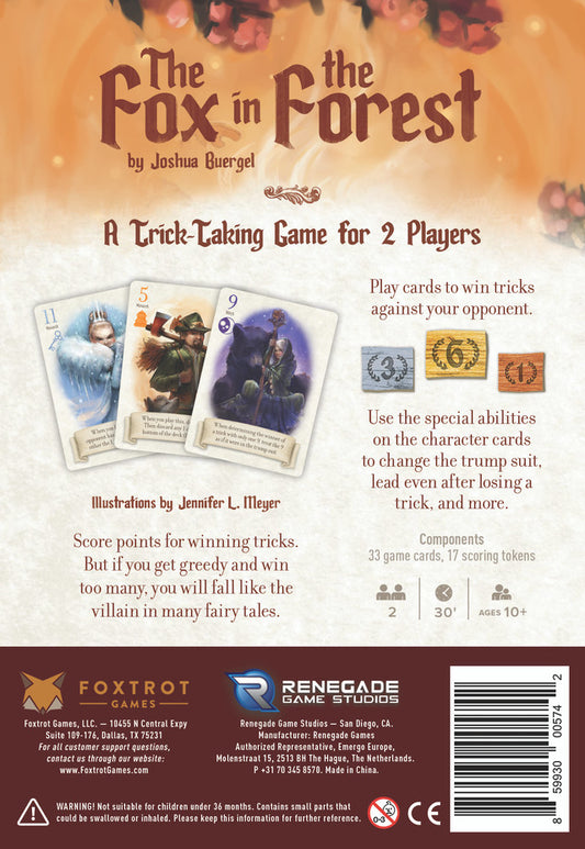 Back cover of 'The Fox in the Forest' game by Renegade Game Studios with game components and branding.