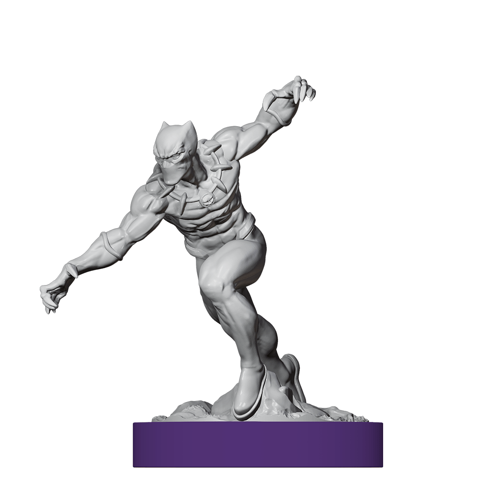 Unmatched board game 3D-rendered muscular superhero statue in a dynamic crouching pose on a purple rectangular base, shown against a solid green background.