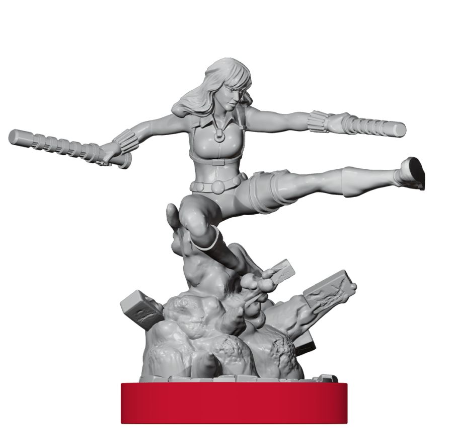Unmatched board game character statue or miniature on a red base, shown against a flat green background.