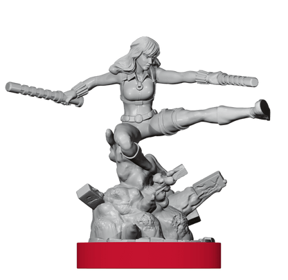 Unmatched board game character statue or miniature on a red base, shown against a flat green background.