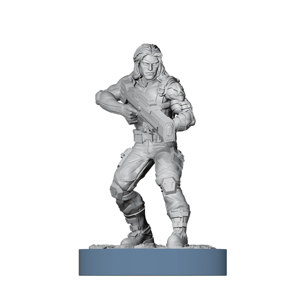 Unmatched board game unpainted miniature figurine of a female soldier in tactical gear holding a rifle, standing on a blue cylindrical base against a solid green background.