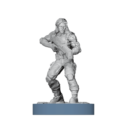 Unmatched board game unpainted miniature figurine of a female soldier in tactical gear holding a rifle, standing on a blue cylindrical base against a solid green background.
