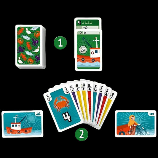 Fishing Set of playing cards with colorful designs on a light green background