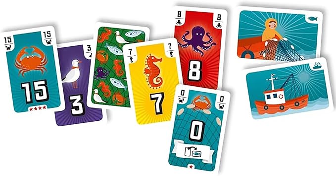 Fishing Set of colorful playing cards with various designs and numbers on a white background