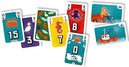 Fishing Set of colorful playing cards with various designs and numbers on a white background