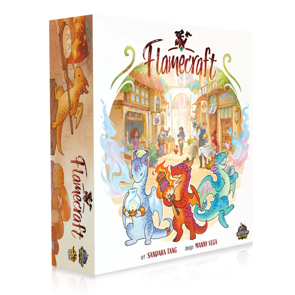 Flamecraft board game box with colorful dragons and a town scene on a white background