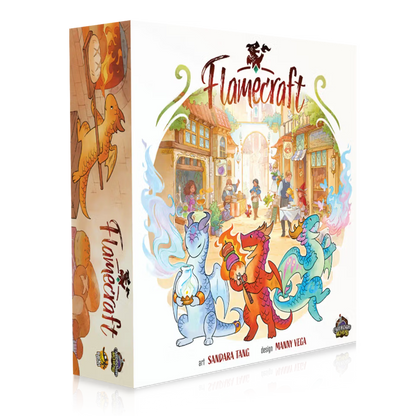 Flamecraft board game box with colorful dragons and a town scene on a white background