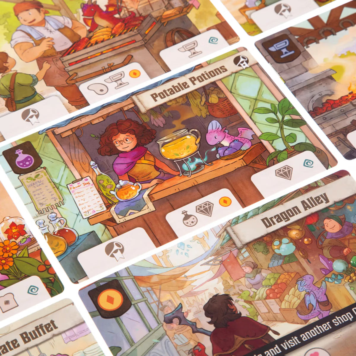 Collage of colorful game cards with fantasy-themed artwork