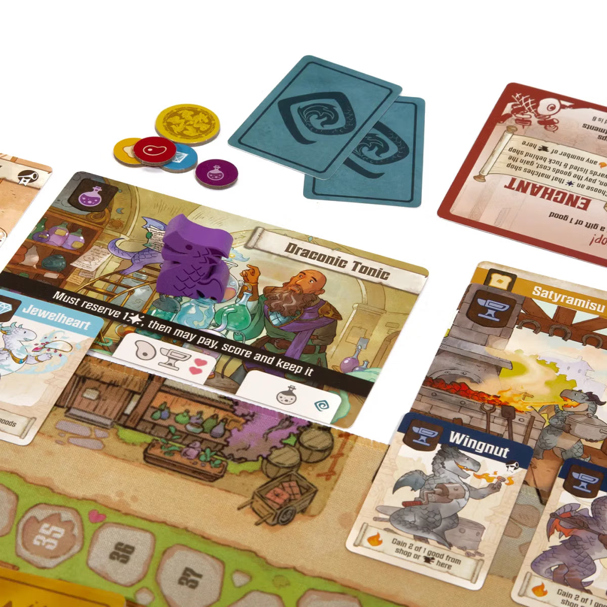Board game components including cards, tokens, and a game board with characters and text.