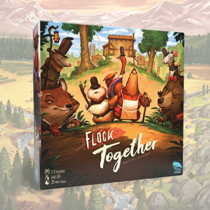 Board game box titled 'Flock Together' with cartoon animals on a scenic background
