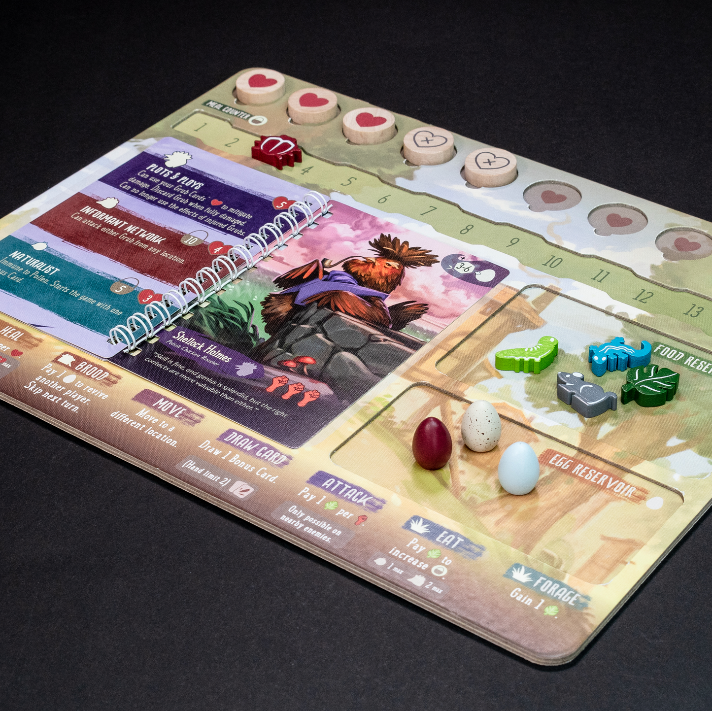 Flock Together Board game component with cards and game pieces on a dark background