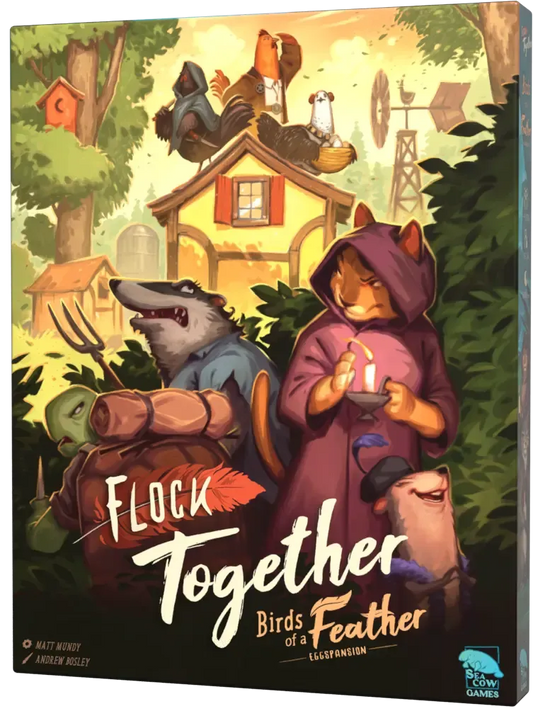 Board game box titled 'Flock Together: Birds of a Feather' with characters in a forest setting.
