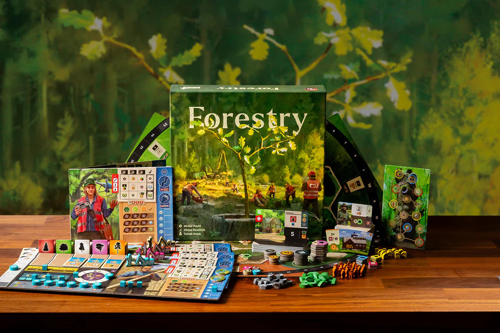 Forestry Board game set with 'Forestry' on a wooden table against a forest-themed background