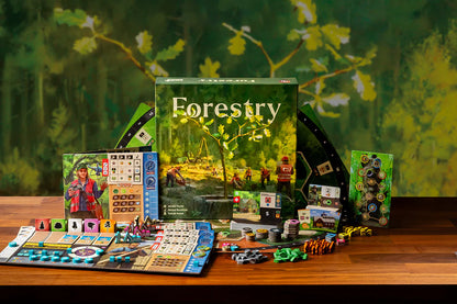 Forestry Board game set with 'Forestry' on a wooden table against a forest-themed background