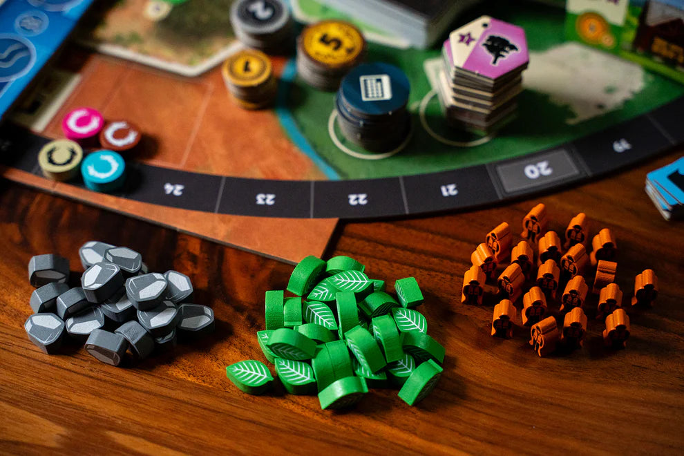 Forestry Board game pieces on a wooden table