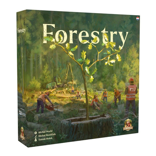 Board game box titled 'Forestry' with illustrations of people working in a forest setting.