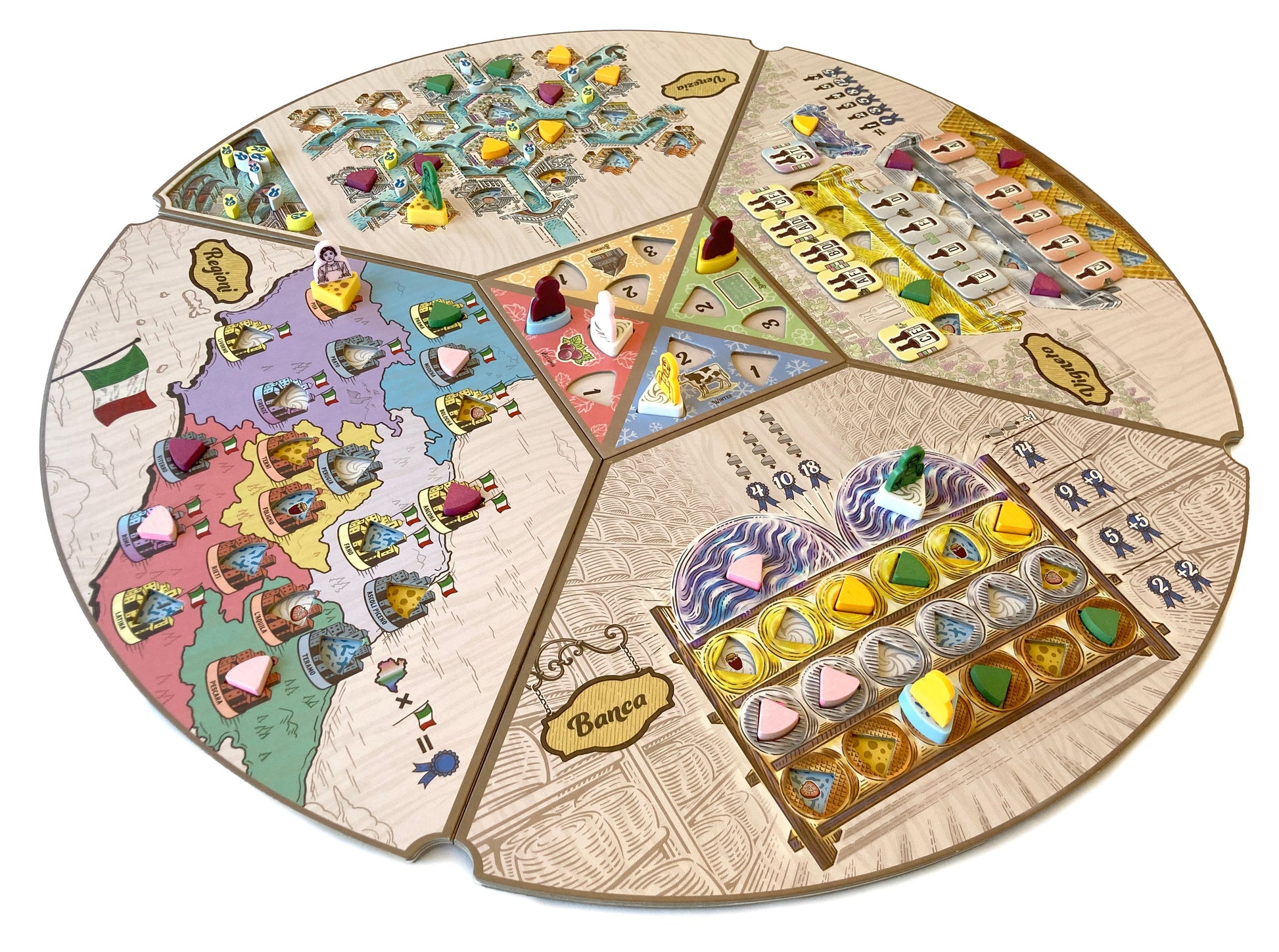 Round board game with colorful tiles and pieces on a white background