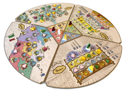 Round board game with colorful tiles and pieces on a white background