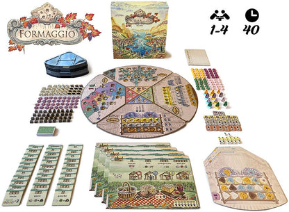 Board game components including a board, cards, and pieces with 'Formaggio' branding.