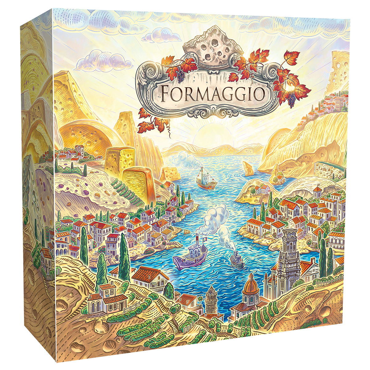 Board game box titled 'Formaggio' with a scenic illustration of a village by a lake.