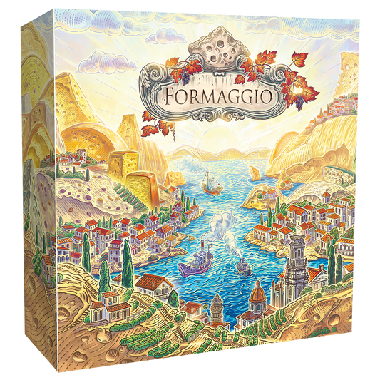 Board game box titled 'Formaggio' with a scenic illustration of a village by a lake.