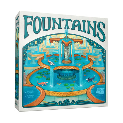 Board game box titled 'Fountains' with a colorful fountain design on the cover.