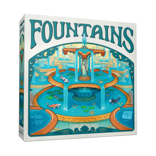 Board game box titled 'Fountains' with a colorful fountain design on the cover.