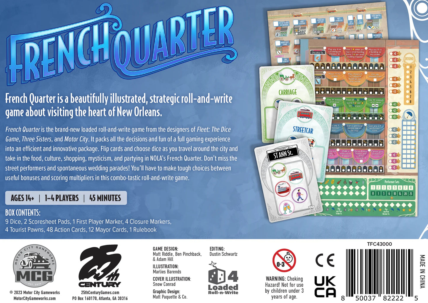 Back of the French Quarter board game box, showing the title in large blue text, game description, box contents, age information, and a barcode on a white background.