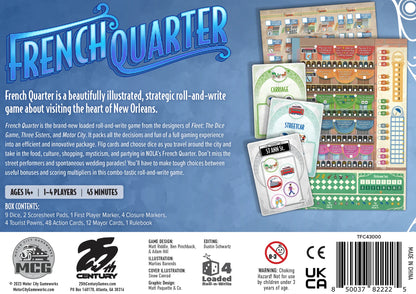 Back of the French Quarter board game box, showing the title in large blue text, game description, box contents, age information, and a barcode on a white background.