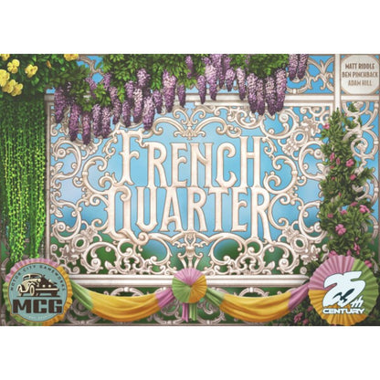 Board game box for 'French Quarter' with decorative elements and branding.