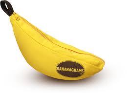 Yellow banana-shaped pouch with 'BANANAGRAMS' label on a white background