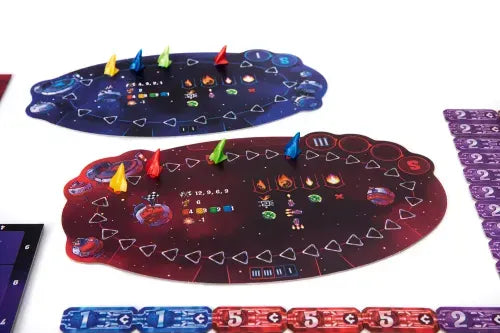 Galaxy Trucker board game boards with colorful markers on a white background