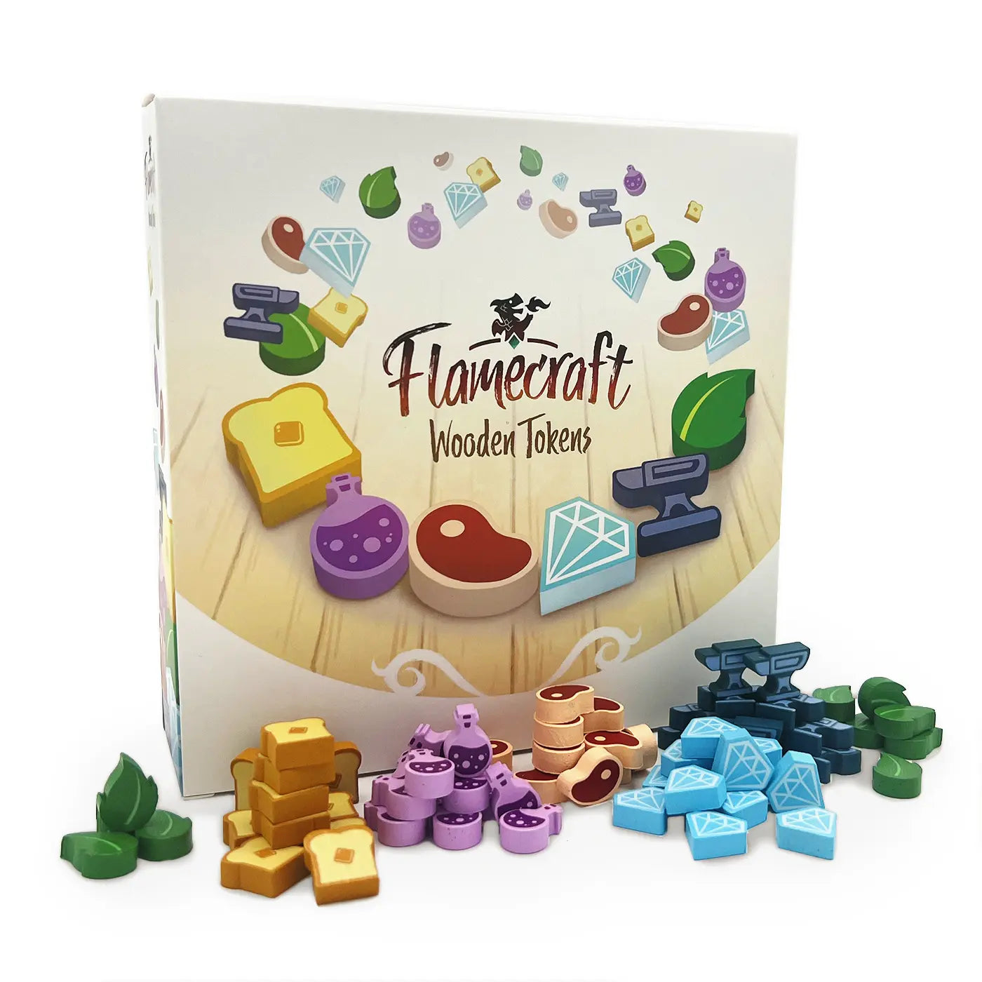 Flamecraft wooden tokens packaging with colorful tokens displayed in front