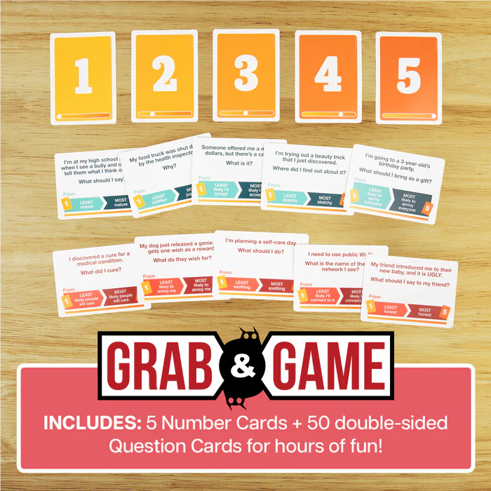 Card game components including number cards and question cards on a wooden surface with 'Grab & Game' branding.