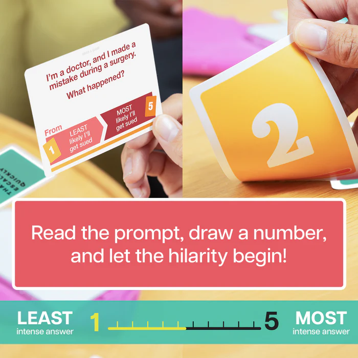 Card game with prompts and number cards on a table