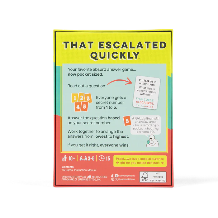 Board game box titled 'That Escalated Quickly' on a white background