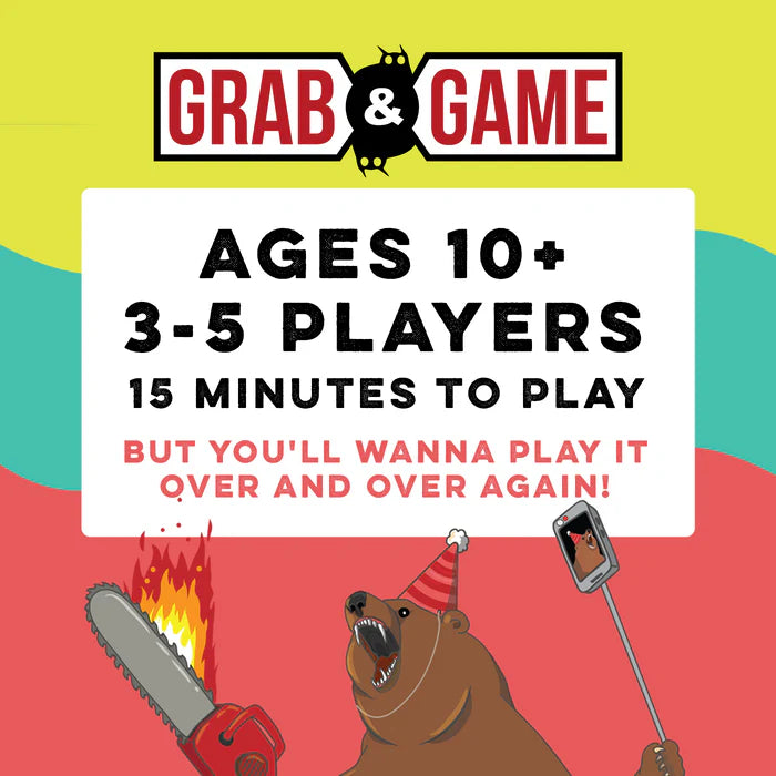 Promotional graphic for 'Grab & Game' with a bear holding a chainsaw and taking a selfie, on a colorful background.