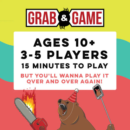 Promotional graphic for 'Grab & Game' with a bear holding a chainsaw and taking a selfie, on a colorful background.
