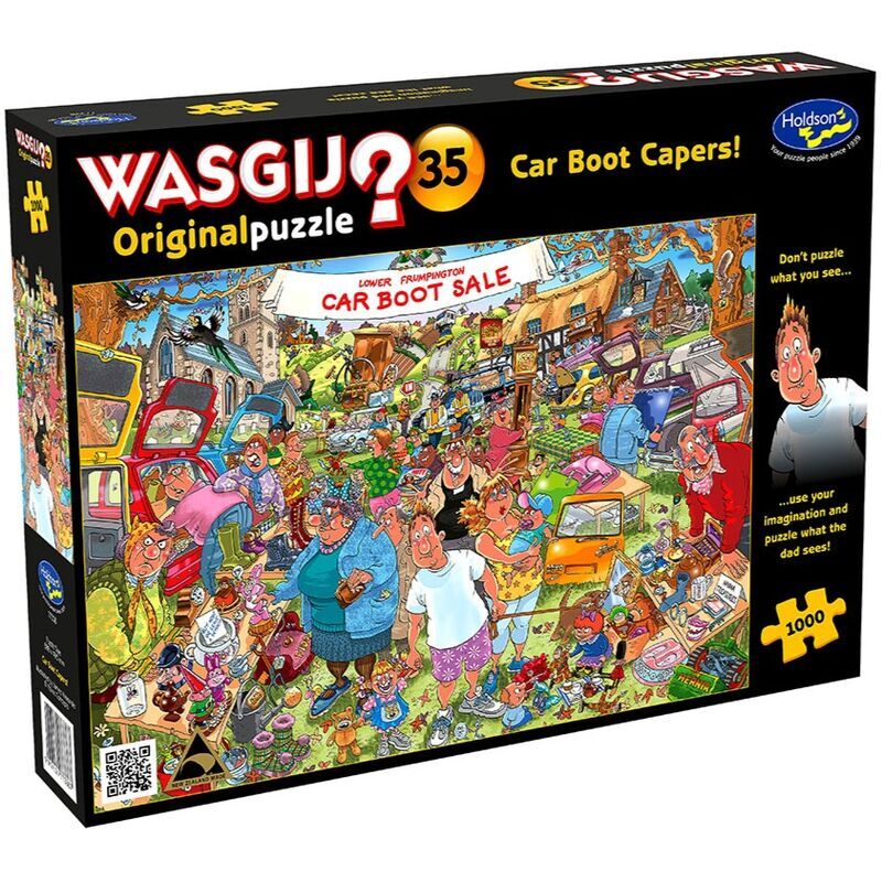 Jigsaw puzzle box titled 'Car Boot Capers' by Wasgij with colorful illustration on black background
