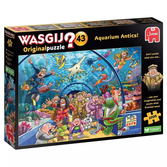 Wasgij Original Puzzle 43 'Aquarium Antics' packaging with colorful illustration of characters and underwater scene.