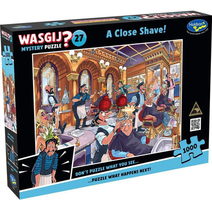 Box of Wasgij Mystery Puzzle 27 titled 'A Close Shave!' with cartoon characters and Holdson branding.