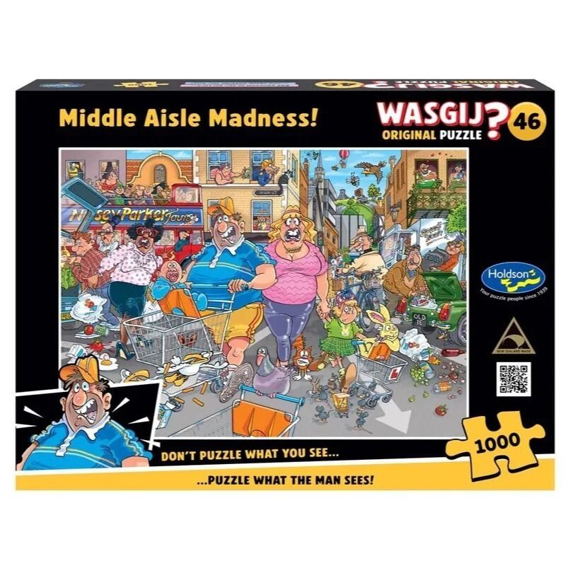 Puzzle box titled 'Middle Aisle Madness!' by Wasgij with colorful illustration of a crowded store aisle.