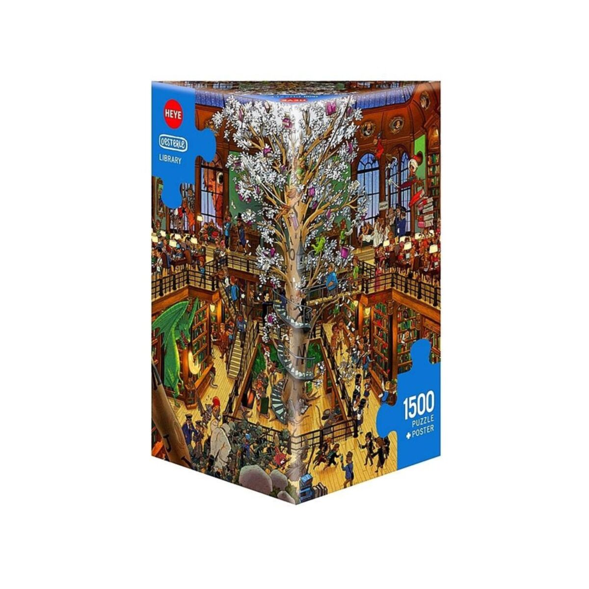 Jigsaw puzzle box with a tree and people in a library design, featuring the brand 'HEYE'.