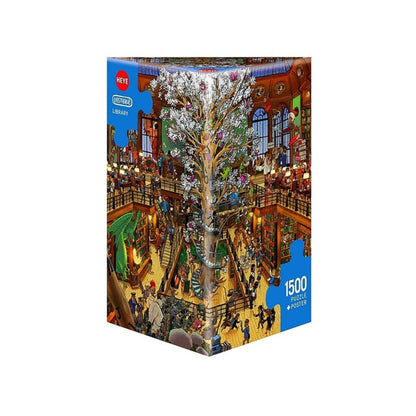Jigsaw puzzle box with a tree and people in a library design, featuring the brand 'HEYE'.